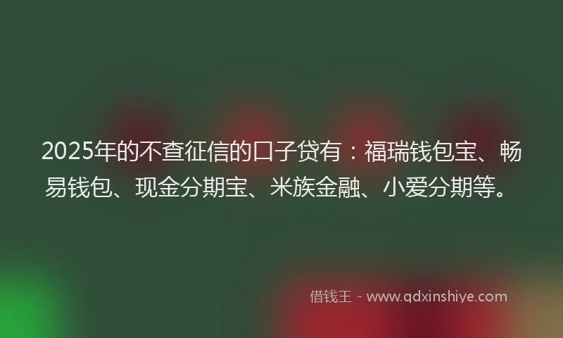 2025年的不查征信的口子贷有：福瑞钱包宝、畅易钱包、现金分期宝、米族金融、小爱分期等。