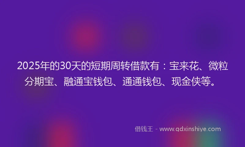 2025年的30天的短期周转借款有：宝来花、微粒分期宝、融通宝钱包、通通钱包、现金侠等。