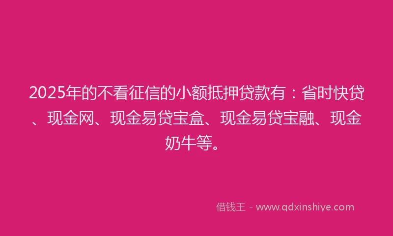 2025年的不看征信的小额抵押贷款有：省时快贷、现金网、现金易贷宝盒、现金易贷宝融、现金奶牛等。