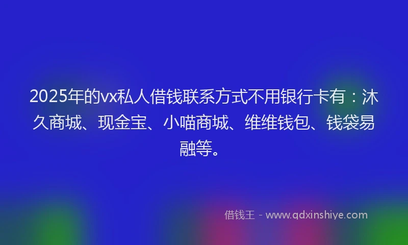 2025年的vx私人借钱联系方式不用银行卡有：沐久商城、现金宝、小喵商城、维维钱包、钱袋易融等。