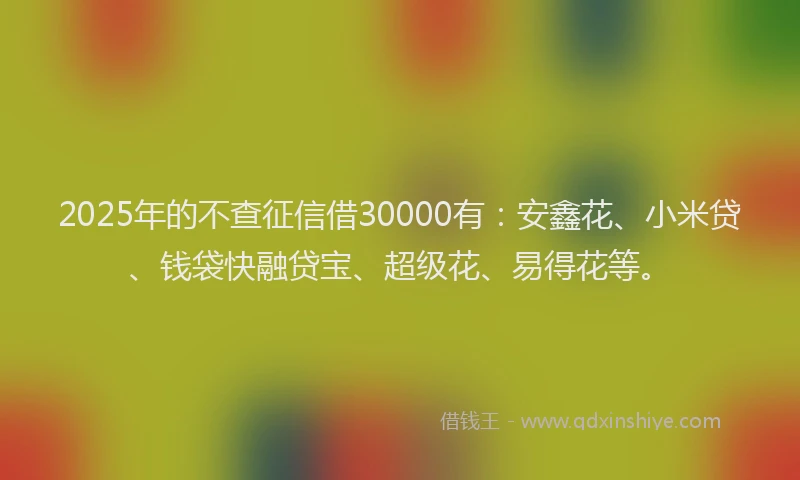 2025年的不查征信借30000有：安鑫花、小米贷、钱袋快融贷宝、超级花、易得花等。