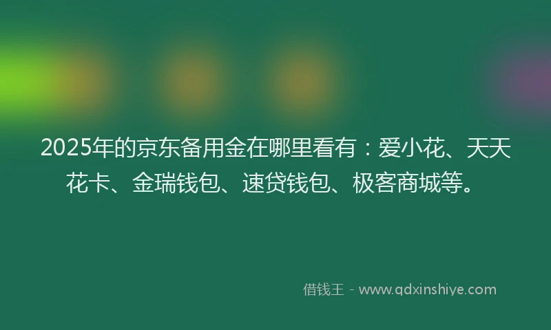 2025年的京东备用金在哪里看有：爱小花、天天花卡、金瑞钱包、速贷钱包、极客商城等。