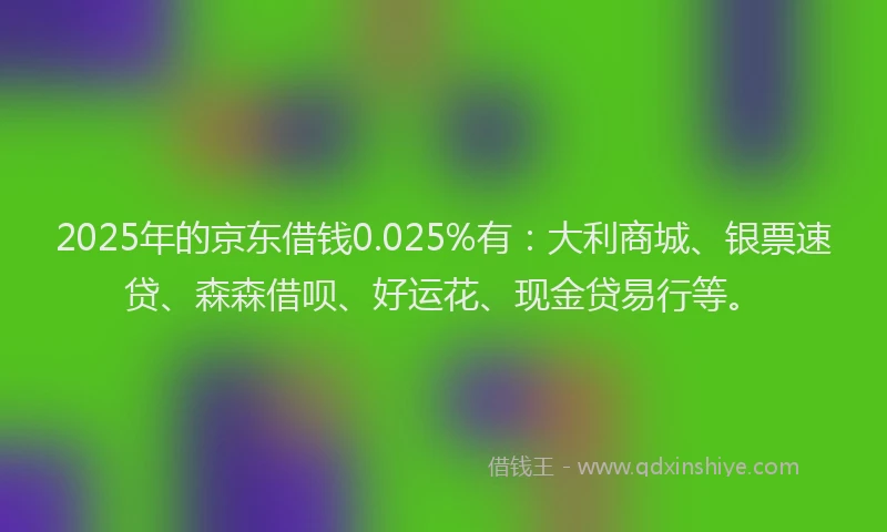 2025年的京东借钱0.025%有：大利商城、银票速贷、森森借呗、好运花、现金贷易行等。