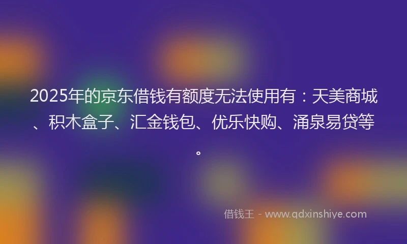 2025年的京东借钱有额度无法使用有：天美商城、积木盒子、汇金钱包、优乐快购、涌泉易贷等。