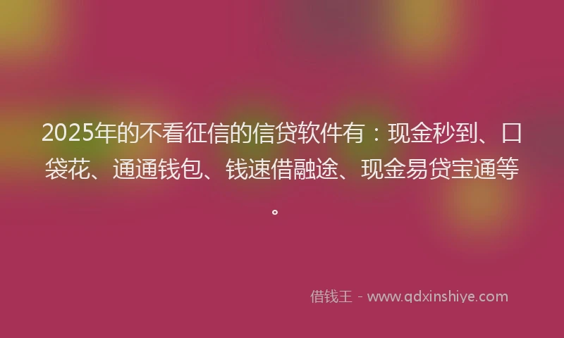 2025年的不看征信的信贷软件有：现金秒到、口袋花、通通钱包、钱速借融途、现金易贷宝通等。