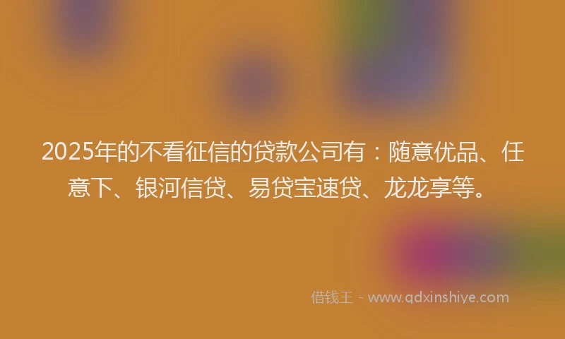 2025年的不看征信的贷款公司有：随意优品、任意下、银河信贷、易贷宝速贷、龙龙享等。