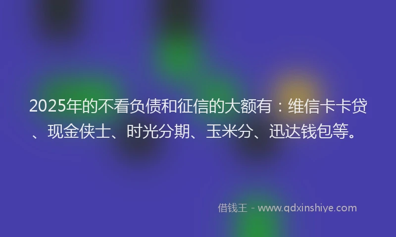 2025年的不看负债和征信的大额有：维信卡卡贷、现金侠士、时光分期、玉米分、迅达钱包等。