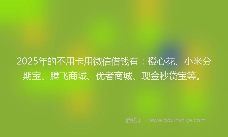 2025年的不用卡用微信借钱有：橙心花、小米分期宝、腾飞商城、优者商城、现金秒贷宝等。