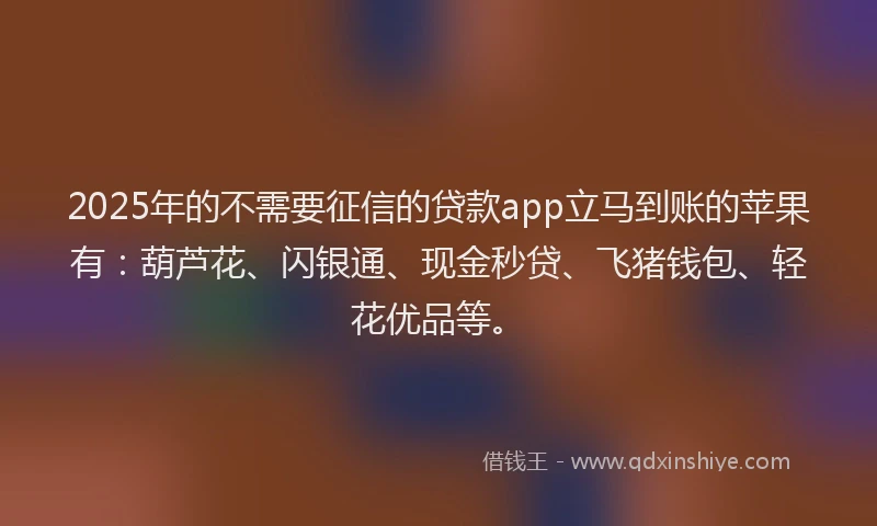 2025年的不需要征信的贷款app立马到账的苹果有：葫芦花、闪银通、现金秒贷、飞猪钱包、轻花优品等。