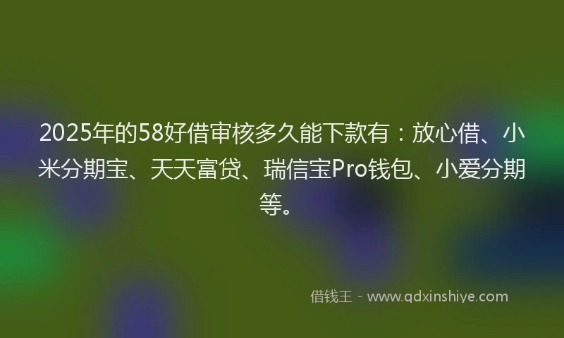 2025年的58好借审核多久能下款有：放心借、小米分期宝、天天富贷、瑞信宝Pro钱包、小爱分期等。