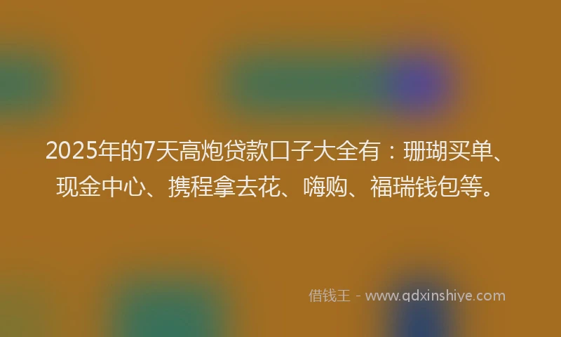 2025年的7天高炮贷款口子大全有：珊瑚买单、现金中心、携程拿去花、嗨购、福瑞钱包等。