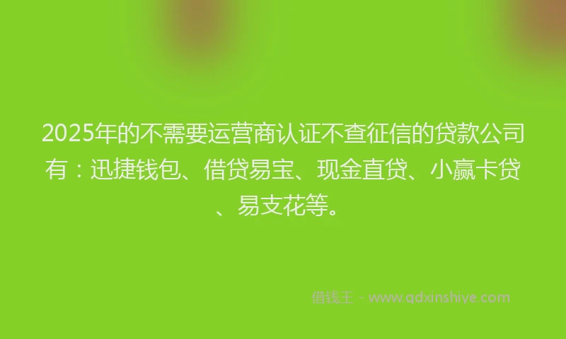 2025年的不需要运营商认证不查征信的贷款公司有：迅捷钱包、借贷易宝、现金直贷、小赢卡贷、易支花等。