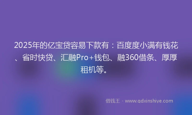 2025年的亿宝贷容易下款有：百度度小满有钱花、省时快贷、汇融Pro+钱包、融360借条、厚厚租机等。