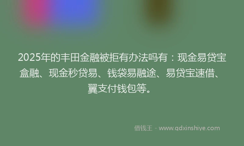 2025年的丰田金融被拒有办法吗有：现金易贷宝盒融、现金秒贷易、钱袋易融途、易贷宝速借、翼支付钱包等。