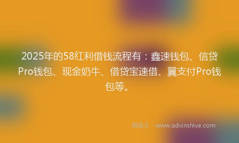 2025年的58红利借钱流程有：鑫速钱包、信贷Pro钱包、现金奶牛、借贷宝速借、翼支付Pro钱包等。