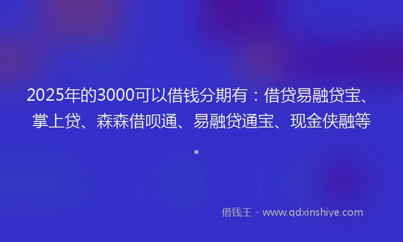 2025年的3000可以借钱分期有：借贷易融贷宝、掌上贷、森森借呗通、易融贷通宝、现金侠融等。