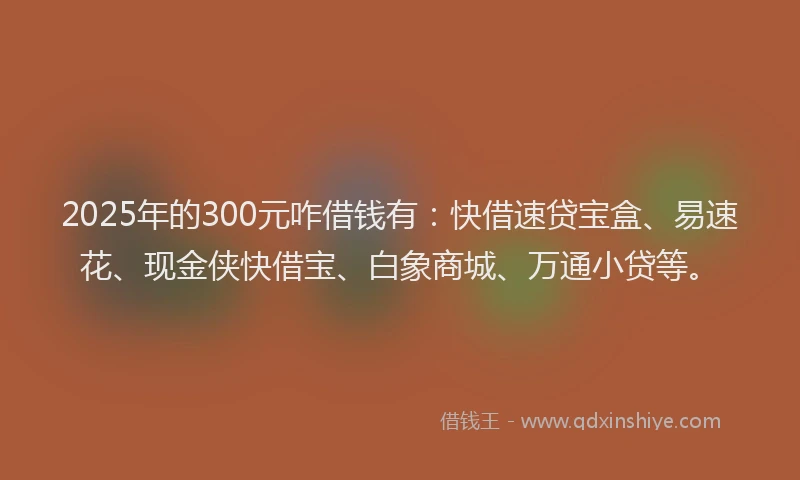 2025年的300元咋借钱有：快借速贷宝盒、易速花、现金侠快借宝、白象商城、万通小贷等。