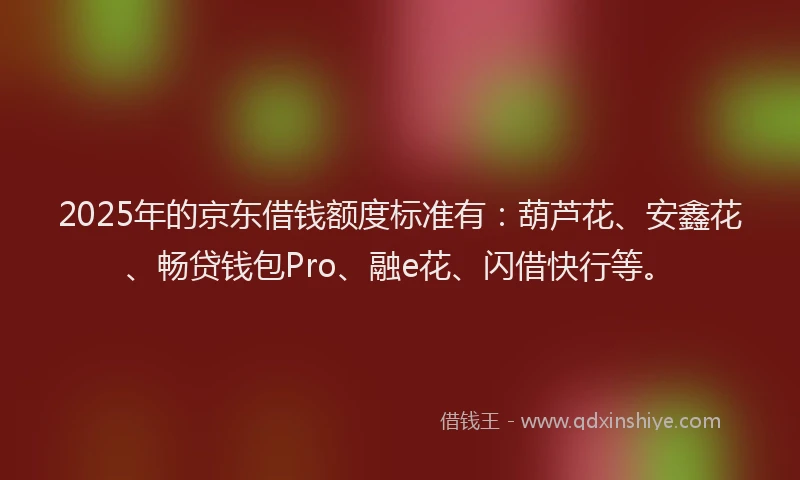2025年的京东借钱额度标准有：葫芦花、安鑫花、畅贷钱包Pro、融e花、闪借快行等。