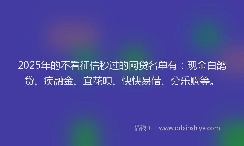 2025年的不看征信秒过的网贷名单有：现金白鸽贷、疾融金、宜花呗、快快易借、分乐购等。