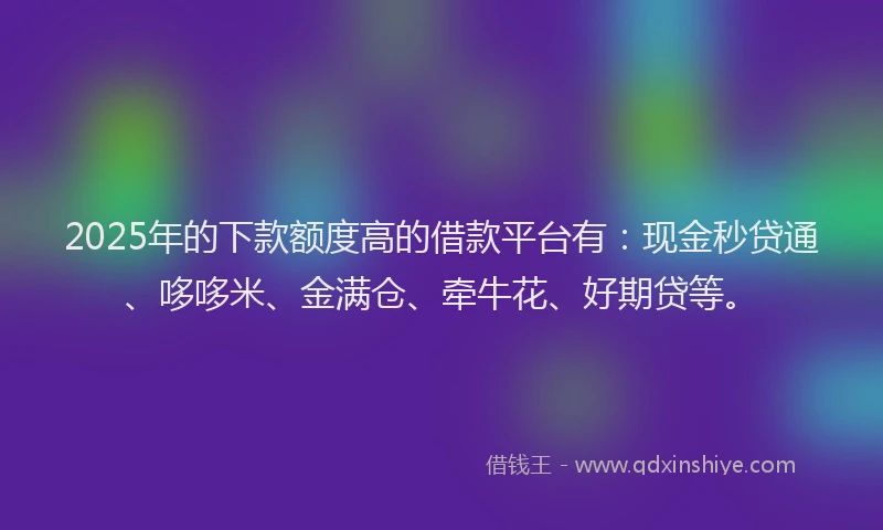 2025年的下款额度高的借款平台有：现金秒贷通、哆哆米、金满仓、牵牛花、好期贷等。