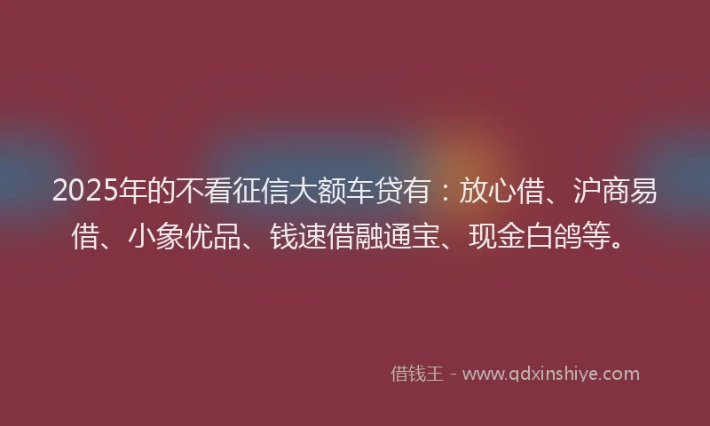 2025年的不看征信大额车贷有：放心借、沪商易借、小象优品、钱速借融通宝、现金白鸽等。