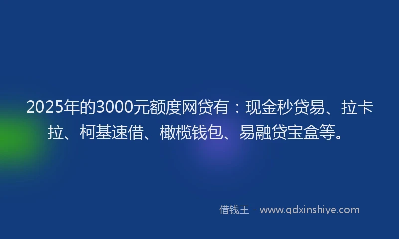 2025年的3000元额度网贷有：现金秒贷易、拉卡拉、柯基速借、橄榄钱包、易融贷宝盒等。