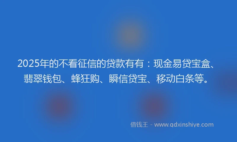 2025年的不看征信的贷款有有：现金易贷宝盒、翡翠钱包、蜂狂购、瞬信贷宝、移动白条等。