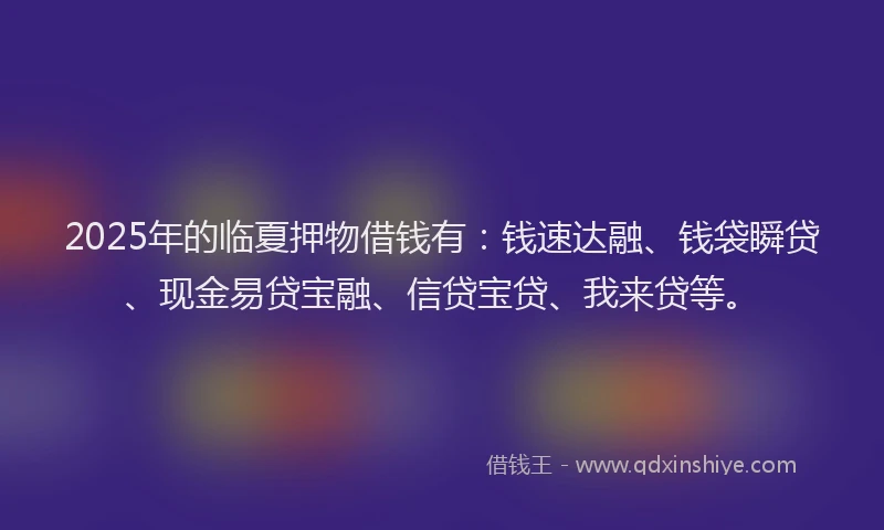 2025年的临夏押物借钱有：钱速达融、钱袋瞬贷、现金易贷宝融、信贷宝贷、我来贷等。