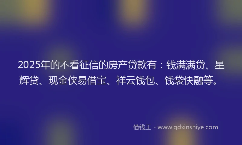 2025年的不看征信的房产贷款有：钱满满贷、星辉贷、现金侠易借宝、祥云钱包、钱袋快融等。
