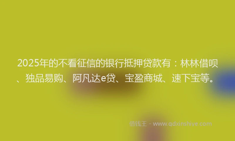 2025年的不看征信的银行抵押贷款有：林林借呗、独品易购、阿凡达e贷、宝盈商城、速下宝等。