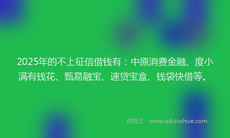 2025年的不上征信借钱有：中原消费金融、度小满有钱花、甄易融宝、速贷宝盒、钱袋快借等。