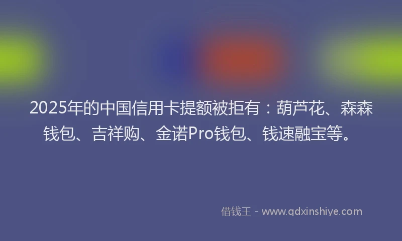 2025年的中国信用卡提额被拒有：葫芦花、森森钱包、吉祥购、金诺Pro钱包、钱速融宝等。