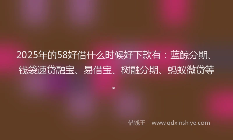 2025年的58好借什么时候好下款有:蓝鲸分期、钱袋速贷融宝、易借宝、树融分期、蚂蚁微贷等。