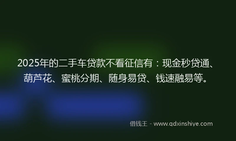 2025年的二手车贷款不看征信有：现金秒贷通、葫芦花、蜜桃分期、随身易贷、钱速融易等。