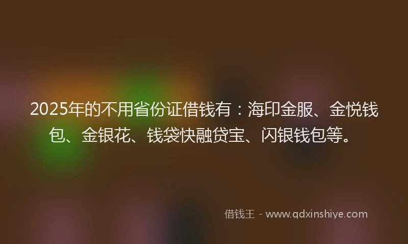 2025年的不用省份证借钱有：海印金服、金悦钱包、金银花、钱袋快融贷宝、闪银钱包等。