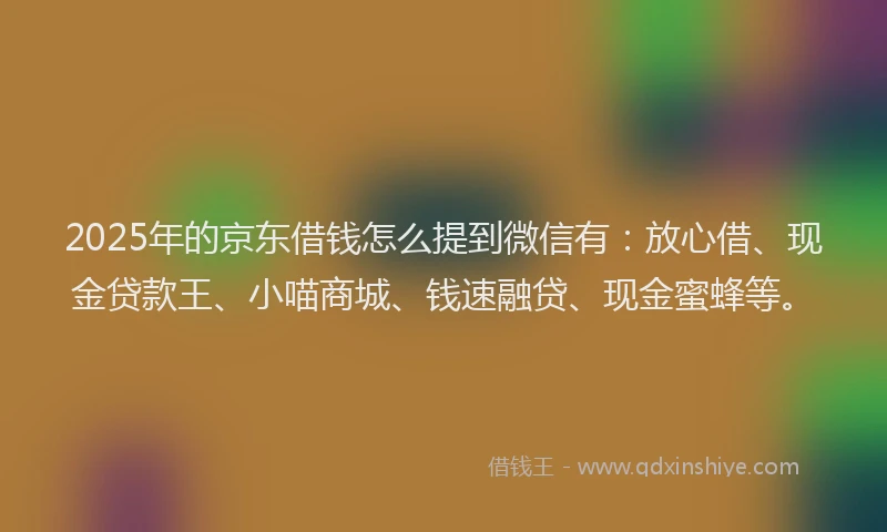 2025年的京东借钱怎么提到微信有：放心借、现金贷款王、小喵商城、钱速融贷、现金蜜蜂等。