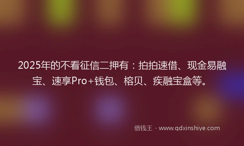 2025年的不看征信二押有：拍拍速借、现金易融宝、速享Pro+钱包、榕贝、疾融宝盒等。