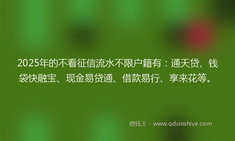 2025年的不看征信流水不限户籍有：通天贷、钱袋快融宝、现金易贷通、借款易行、享来花等。