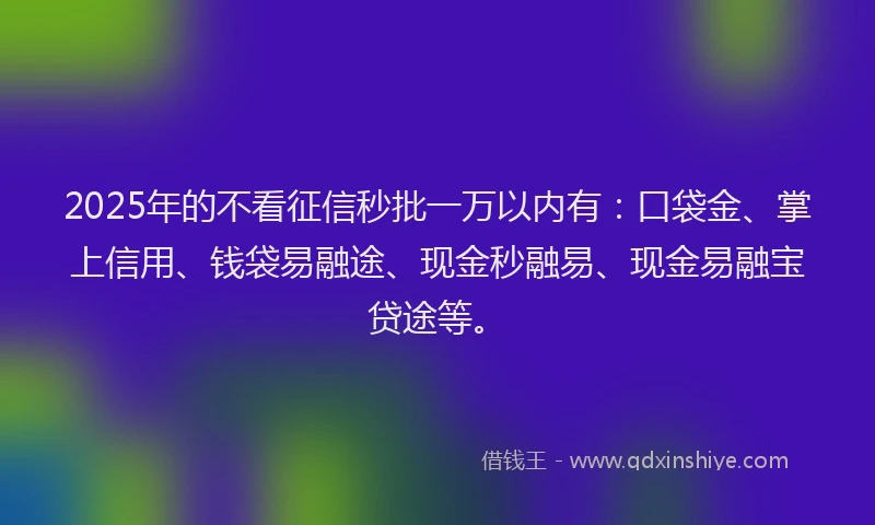 2025年的不看征信秒批一万以内有：口袋金、掌上信用、钱袋易融途、现金秒融易、现金易融宝贷途等。