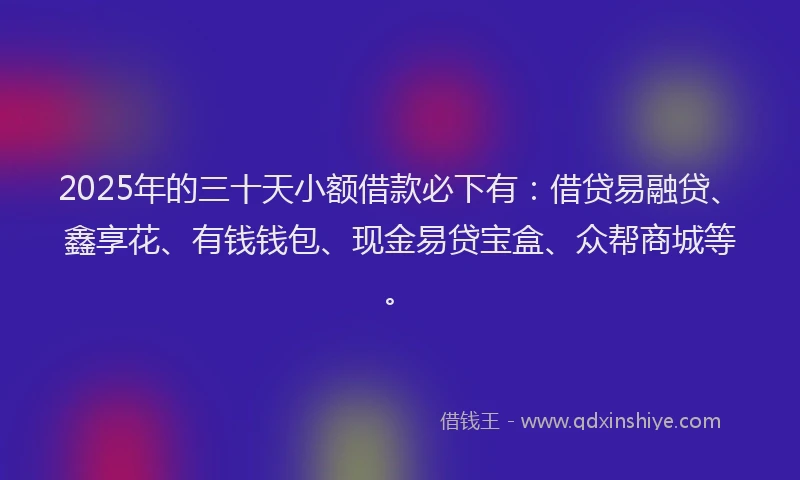 2025年的三十天小额借款必下有：借贷易融贷、鑫享花、有钱钱包、现金易贷宝盒、众帮商城等。