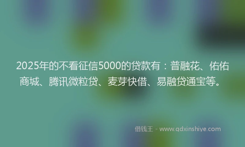 2025年的不看征信5000的贷款有：普融花、佑佑商城、腾讯微粒贷、麦芽快借、易融贷通宝等。