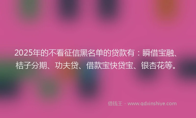 2025年的不看征信黑名单的贷款有:瞬借宝融、桔子分期、功夫贷、借款宝快贷宝、银杏花等。