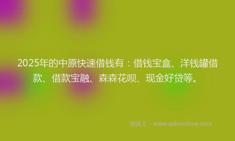 2025年的中原快速借钱有：借钱宝盒、洋钱罐借款、借款宝融、森森花呗、现金好贷等。