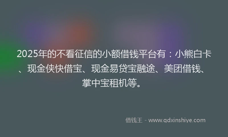 2025年的不看征信的小额借钱平台有：小熊白卡、现金侠快借宝、现金易贷宝融途、美团借钱、掌中宝租机等。