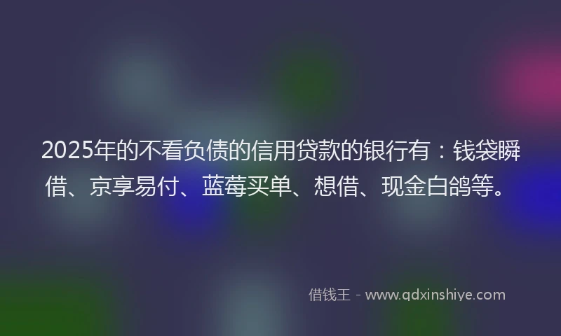 2025年的不看负债的信用贷款的银行有：钱袋瞬借、京享易付、蓝莓买单、想借、现金白鸽等。