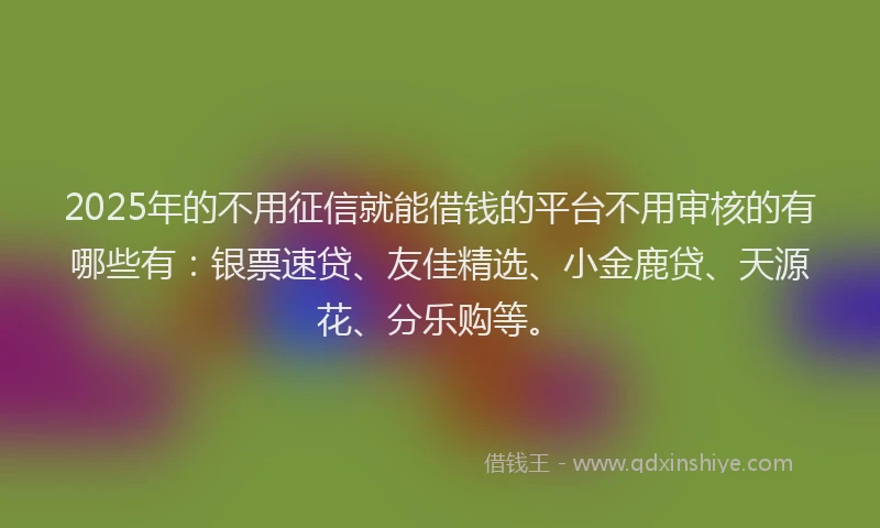 2025年的不用征信就能借钱的平台不用审核的有哪些有：银票速贷、友佳精选、小金鹿贷、天源花、分乐购等。