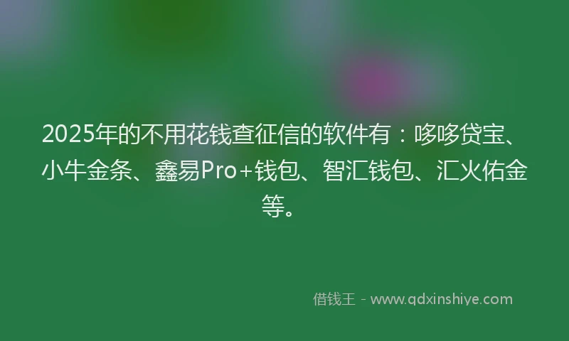 2025年的不用花钱查征信的软件有：哆哆贷宝、小牛金条、鑫易Pro+钱包、智汇钱包、汇火佑金等。