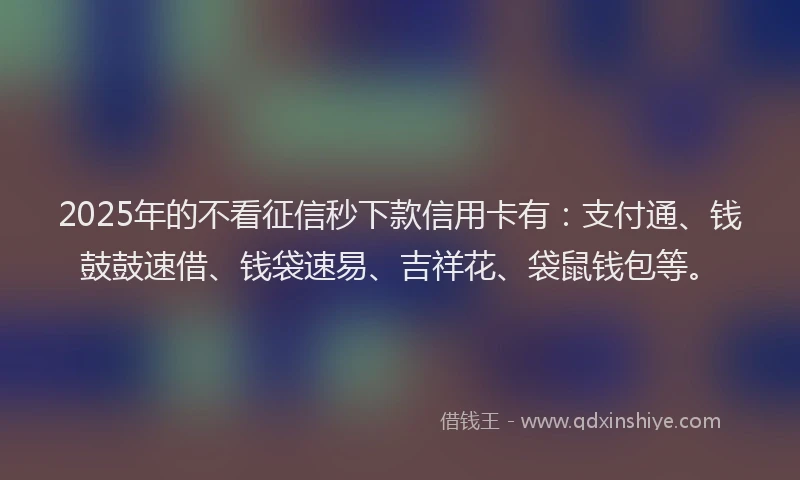 2025年的不看征信秒下款信用卡有：支付通、钱鼓鼓速借、钱袋速易、吉祥花、袋鼠钱包等。