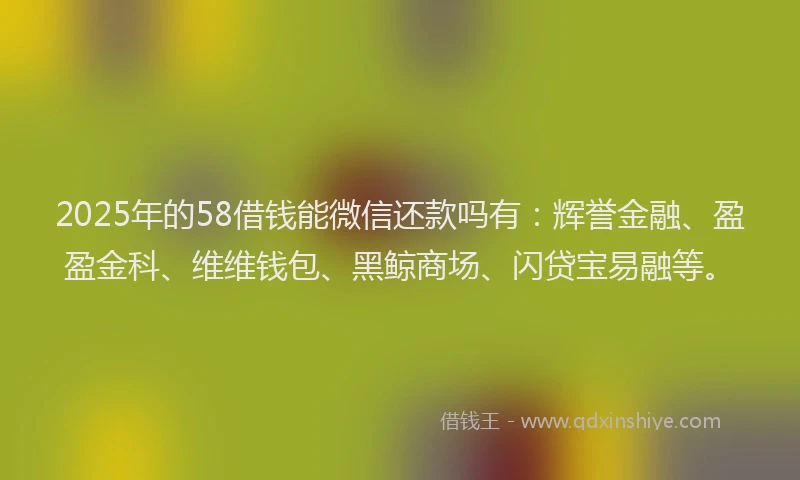 2025年的58借钱能微信还款吗有：辉誉金融、盈盈金科、维维钱包、黑鲸商场、闪贷宝易融等。