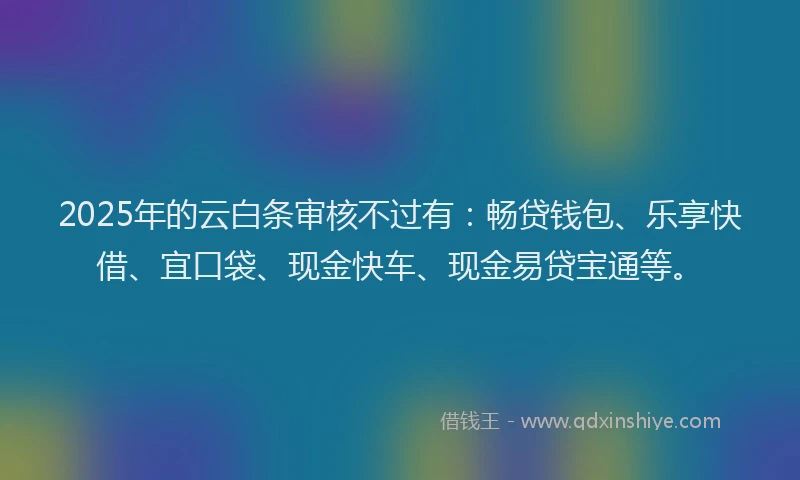 2025年的云白条审核不过有：畅贷钱包、乐享快借、宜口袋、现金快车、现金易贷宝通等。